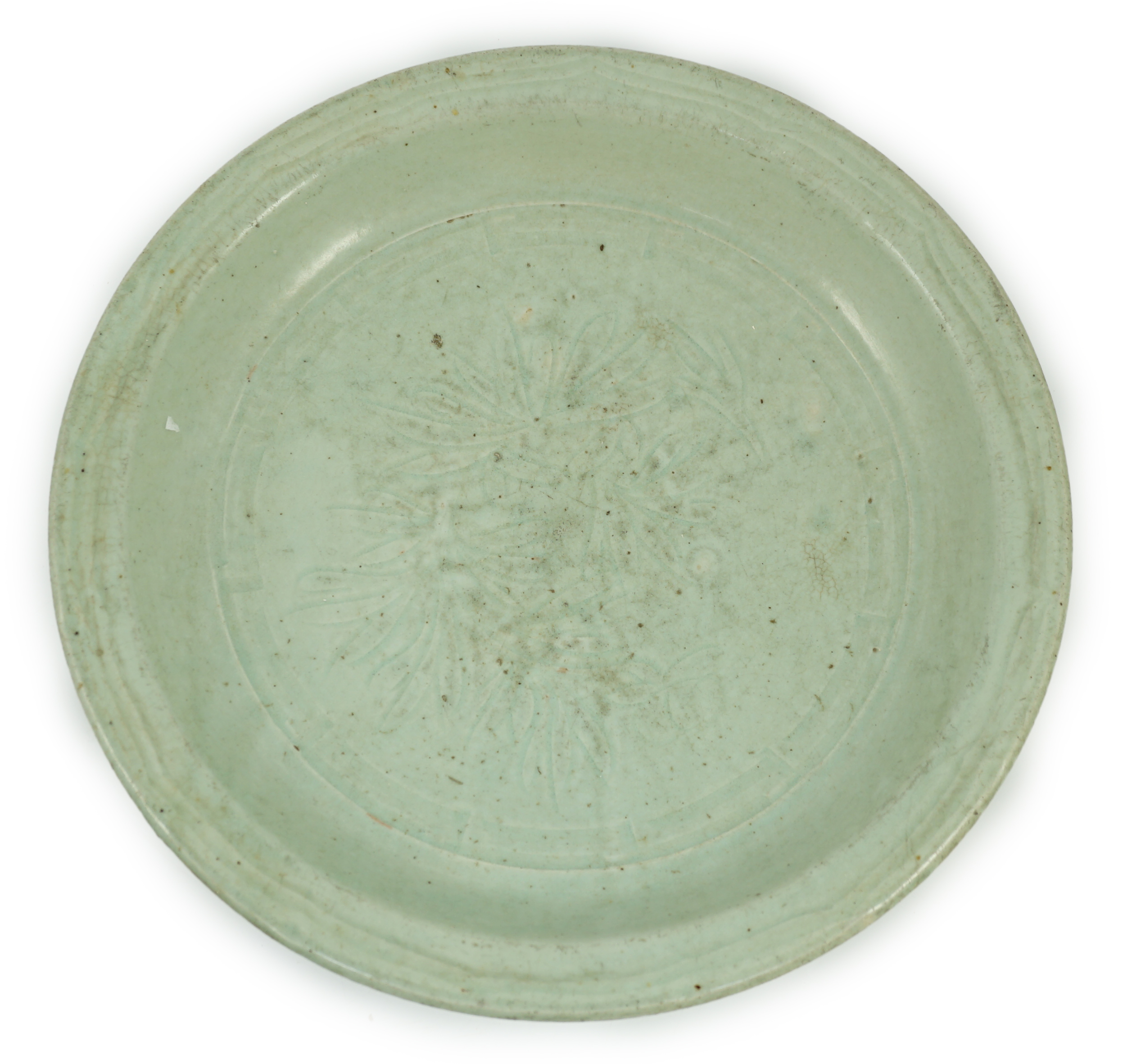 A Chinese Longquan celadon dish, Yuan-Ming dynasty, 13th/14th century, some faults